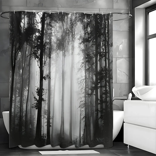 Black Misty Forest Bathroom Decorative Shower Curtain, with Hooks