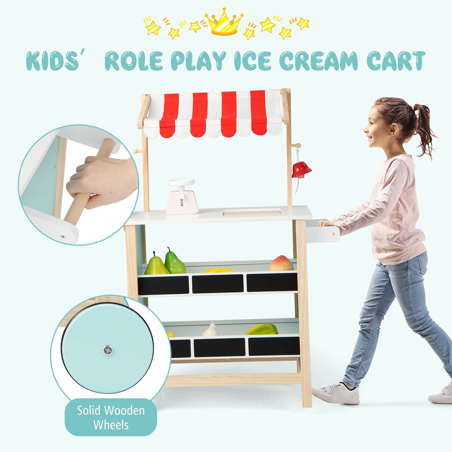 Kids Ice Cream Cart Wooden Market Stand W/ Chalkboard & Storage