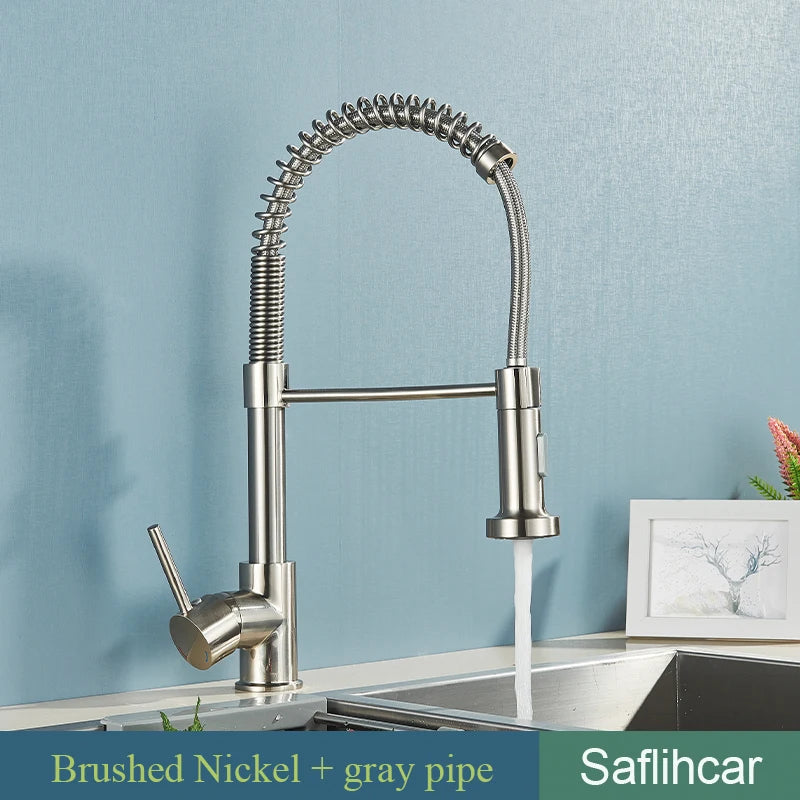 Brushed Gold Kitchen Sink Faucet Spring Pull-down Hot Cold Mixer Faucet Deck Installation Faucet