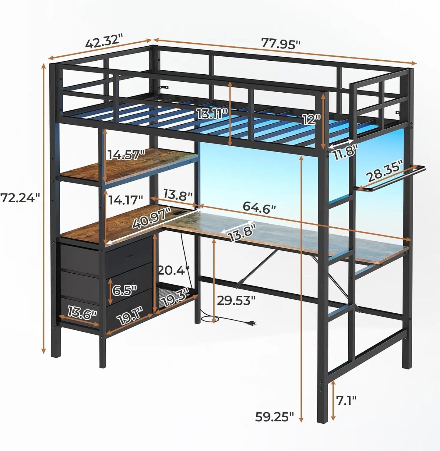 Metal Kids Loft Bed with L-Shaped Desk
