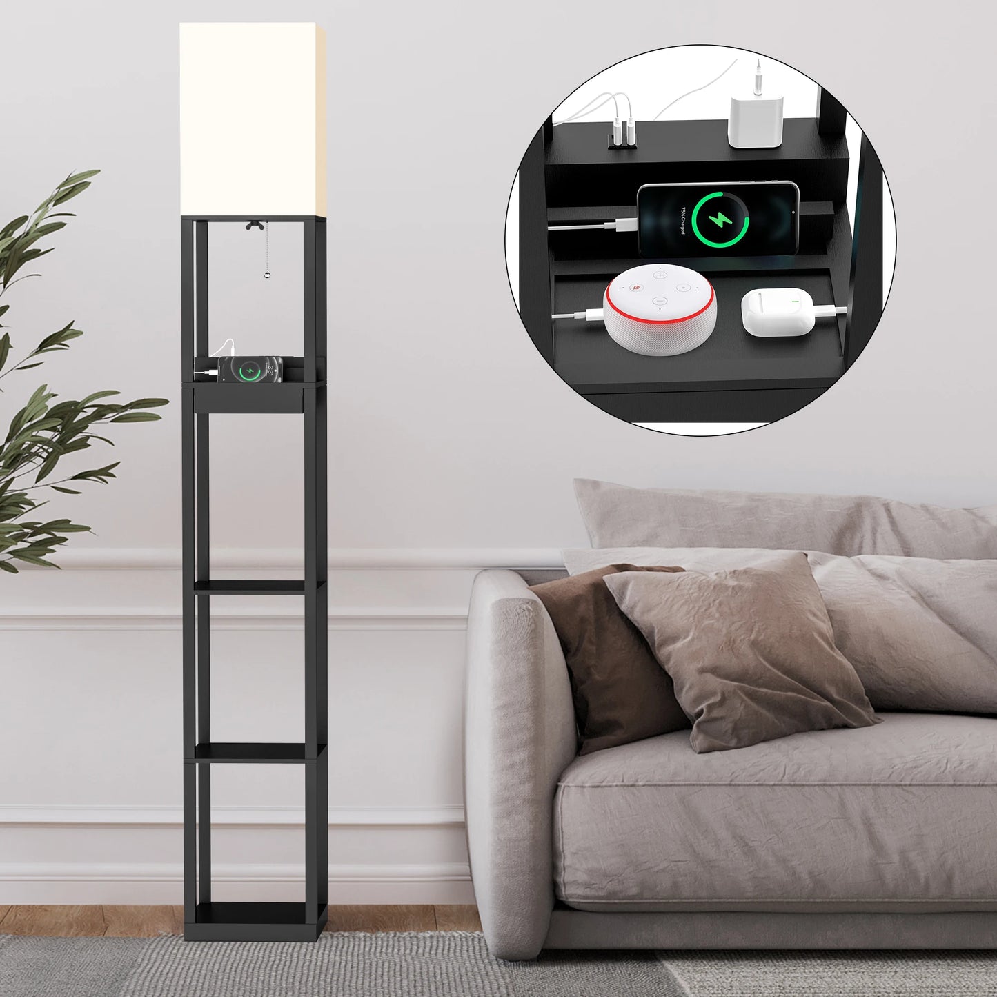 67" Column Floor Lamp with Shelves, USB Ports