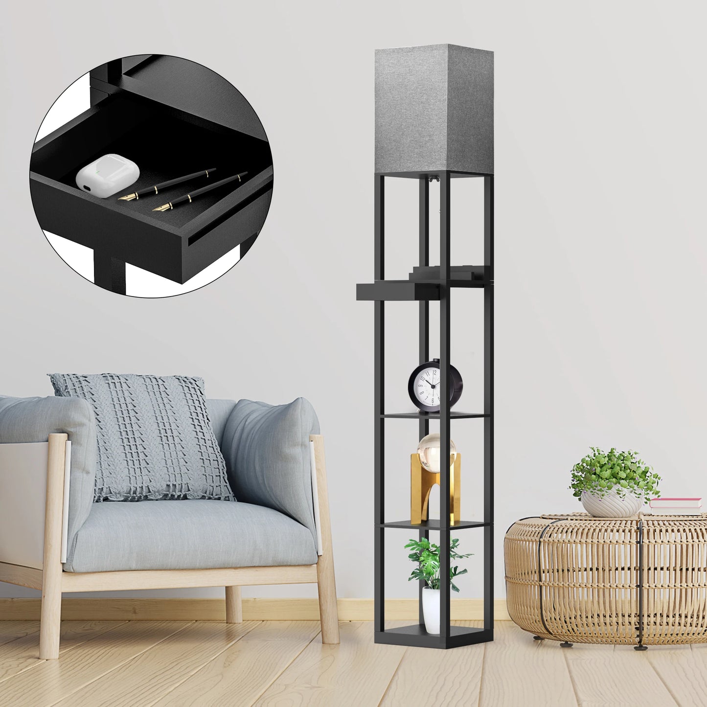 67" Column Floor Lamp with Shelves, USB Ports