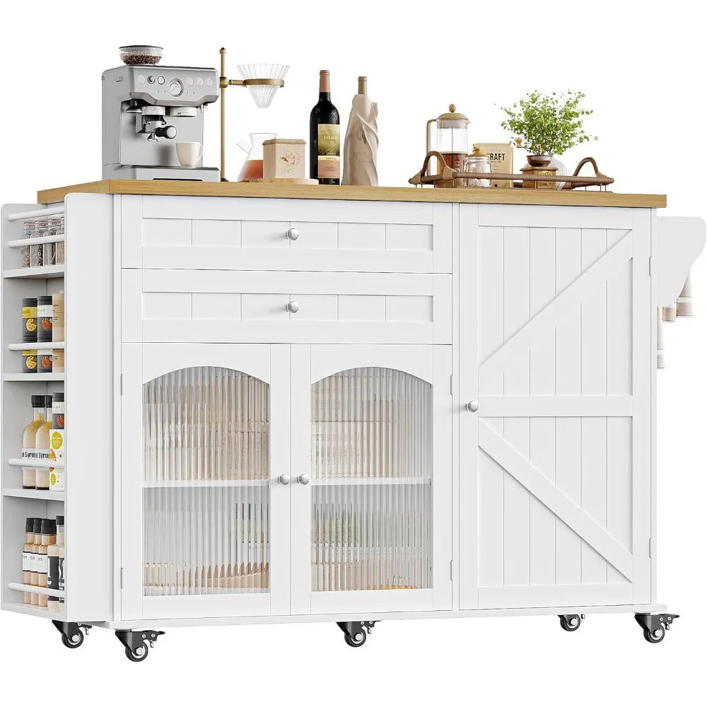 Rolling Kitchen Island on Wheels with Wood Drop Leaf Countertop