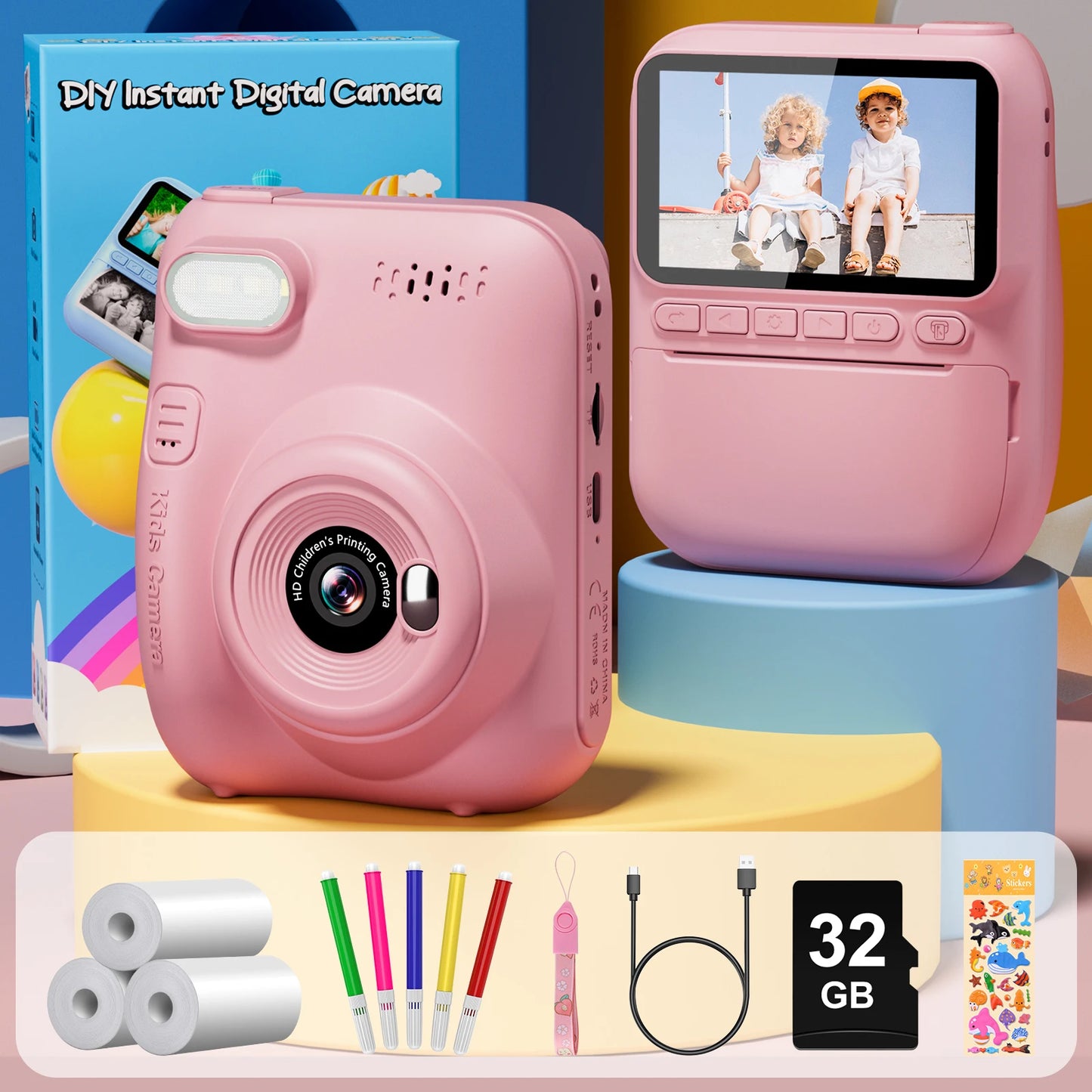 Instant Print Digital Camera for Kids, with 3 Rolls of Printer Paper