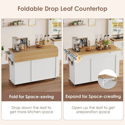 Rolling Kitchen Island on Wheels with Wood Drop Leaf Countertop