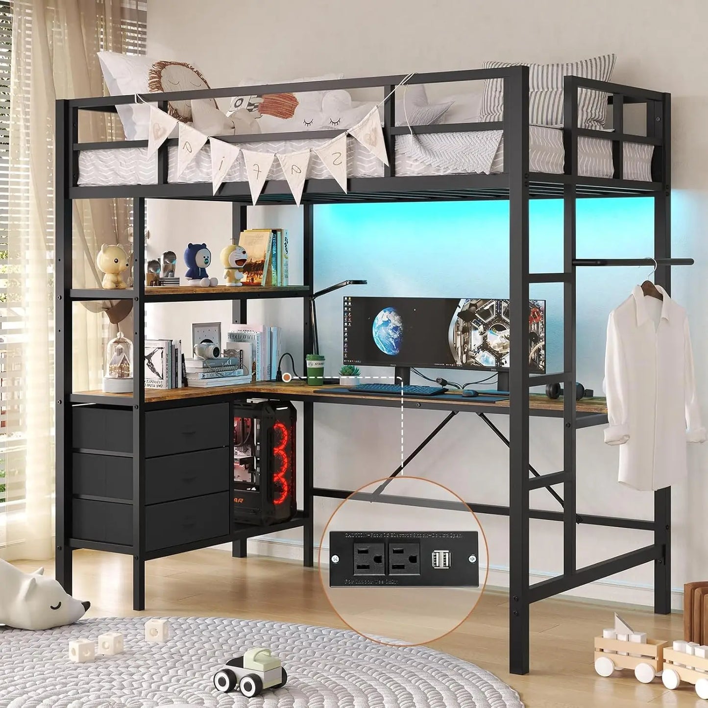 Metal Kids Loft Bed with L-Shaped Desk