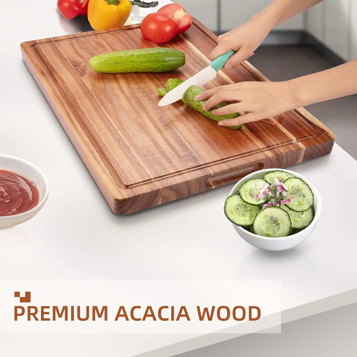 Acacia Wooden Butcher Block Cutting Board With Side Handles