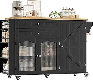 Rolling Kitchen Island on Wheels with Wood Drop Leaf Countertop