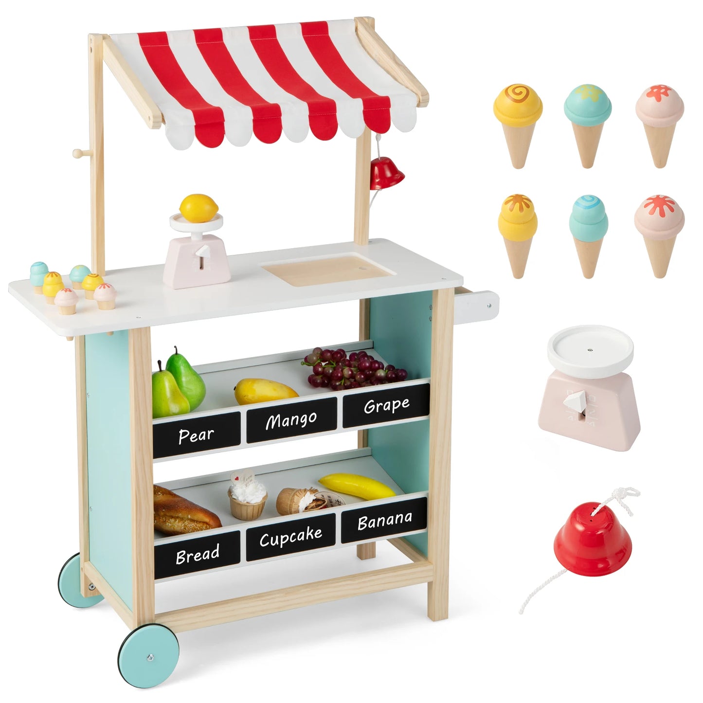 Kids Ice Cream Cart Wooden Market Stand W/ Chalkboard & Storage
