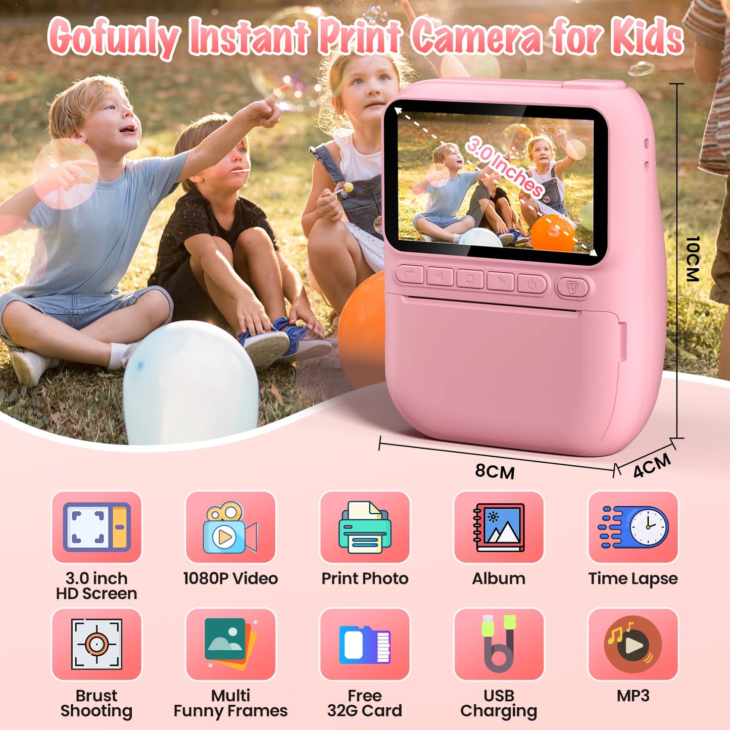 Instant Print Digital Camera for Kids, with 3 Rolls of Printer Paper
