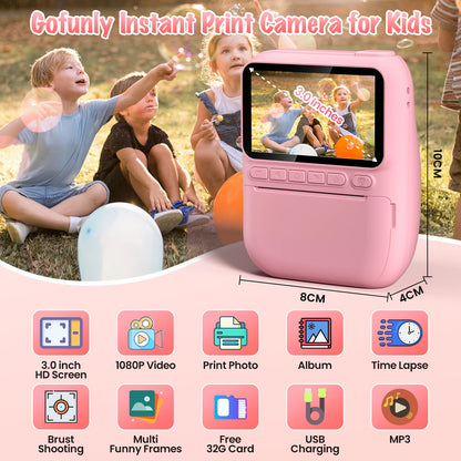 Instant Print Digital Camera for Kids, with 3 Rolls of Printer Paper