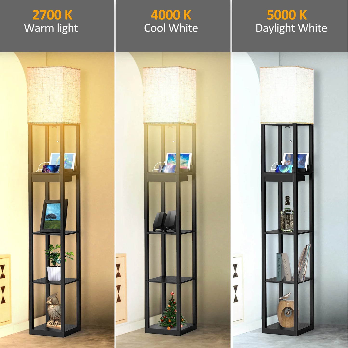 67" Column Floor Lamp with Shelves, USB Ports