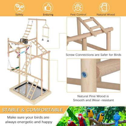 4-Layer Parrot Playstand Wood Perch Gym with Feeder Cup