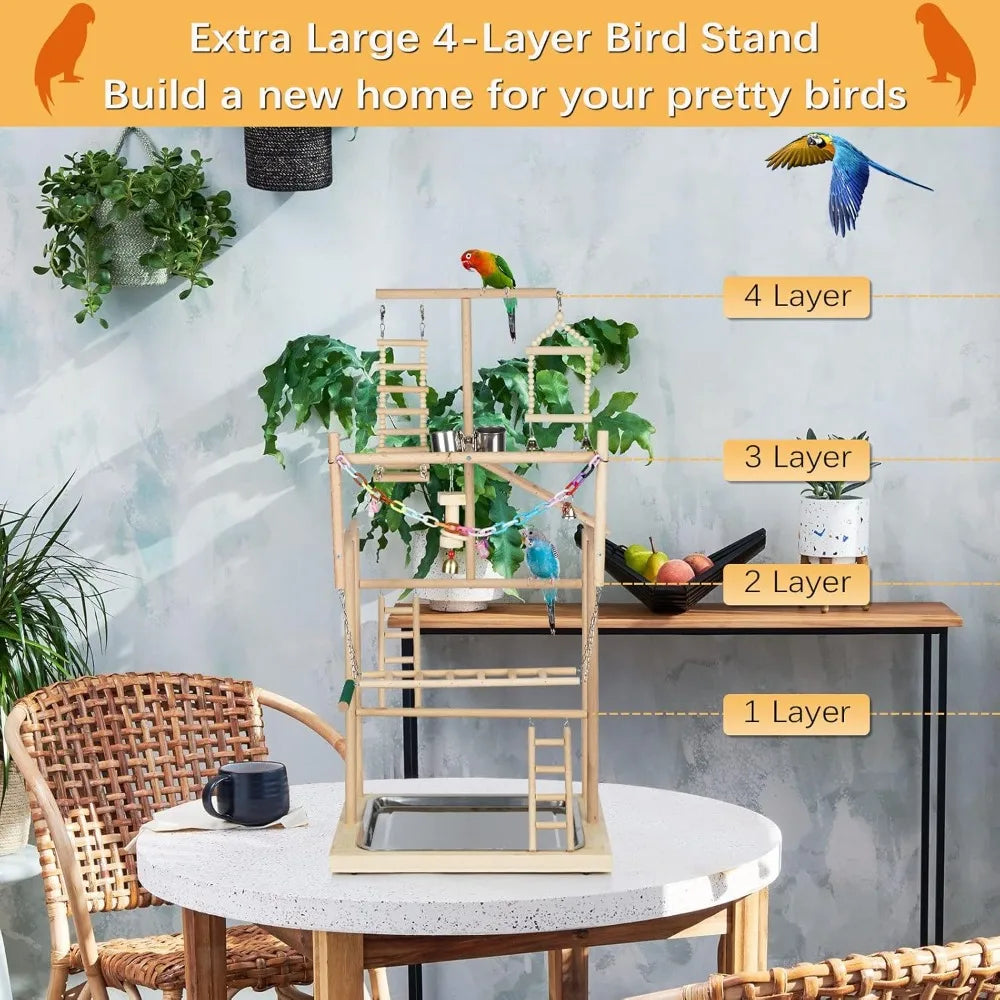 4-Layer Parrot Playstand Wood Perch Gym with Feeder Cup