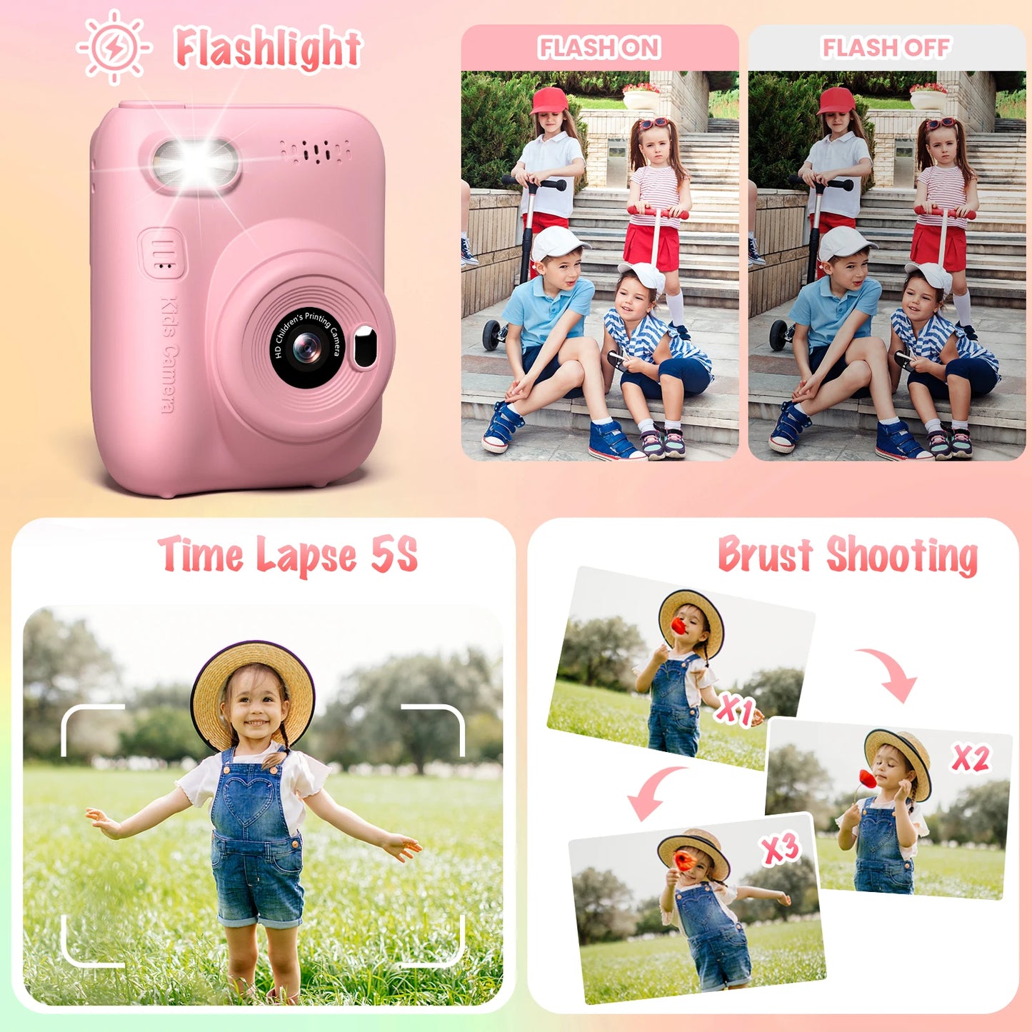 Instant Print Digital Camera for Kids, with 3 Rolls of Printer Paper