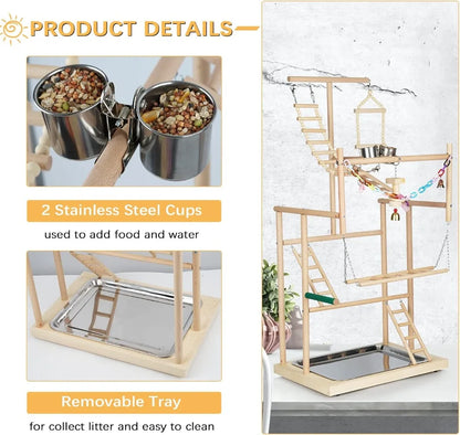 4-Layer Parrot Playstand Wood Perch Gym with Feeder Cup