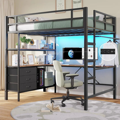 Metal Kids Loft Bed with L-Shaped Desk