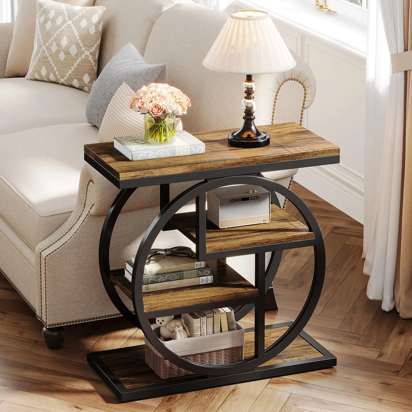 End Table for Living Room, with Storage Shelves