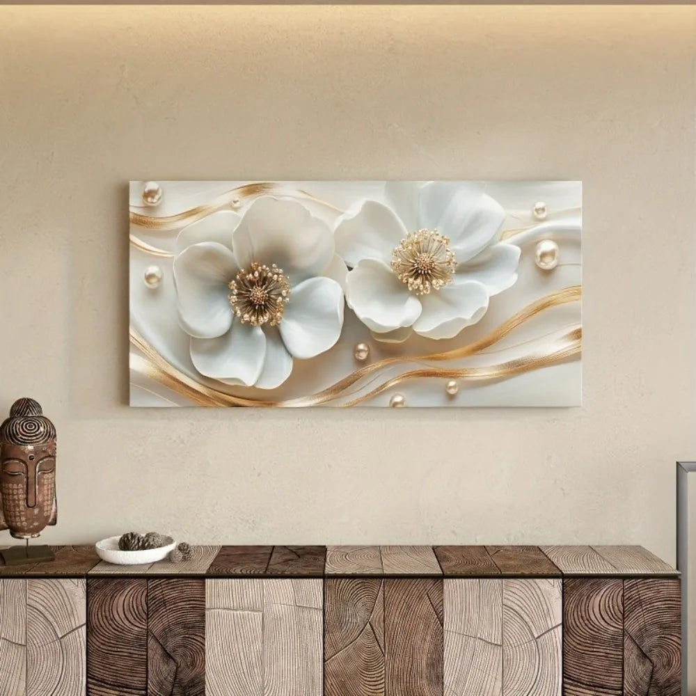 Modern abstract white floral canvas wall art
