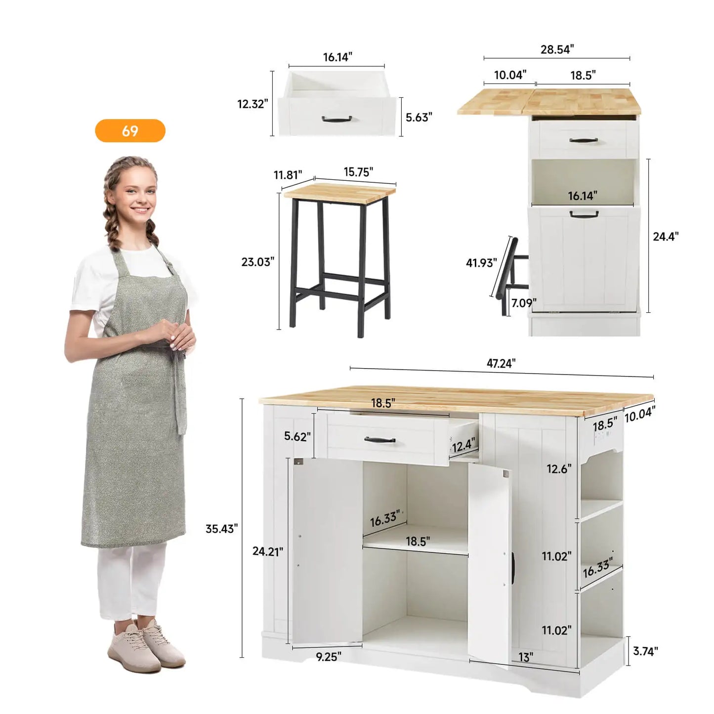 Kitchen Island with 2 Chairs