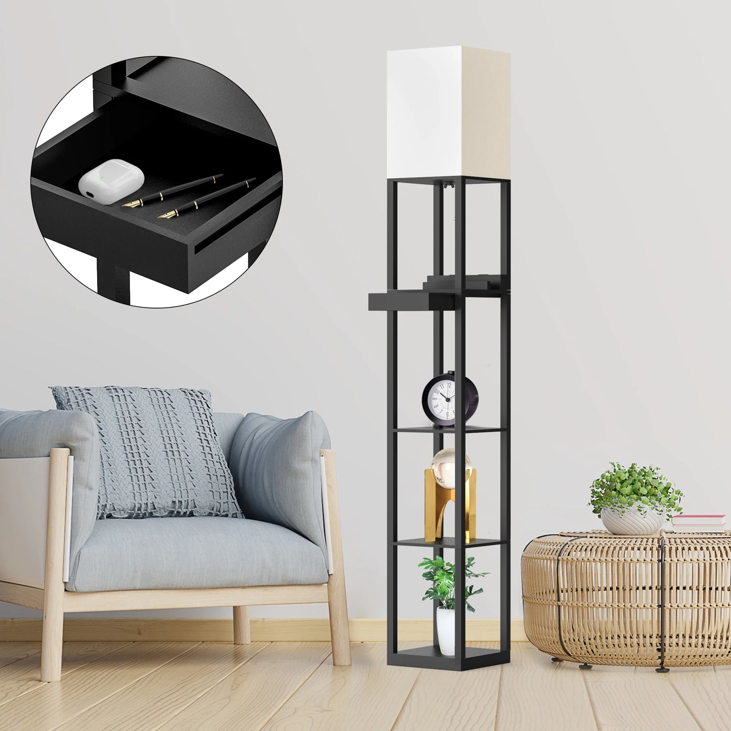 67" Column Floor Lamp with Shelves, USB Ports