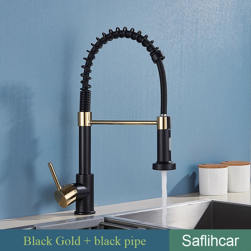 Brushed Gold Kitchen Sink Faucet Spring Pull-down Hot Cold Mixer Faucet Deck Installation Faucet