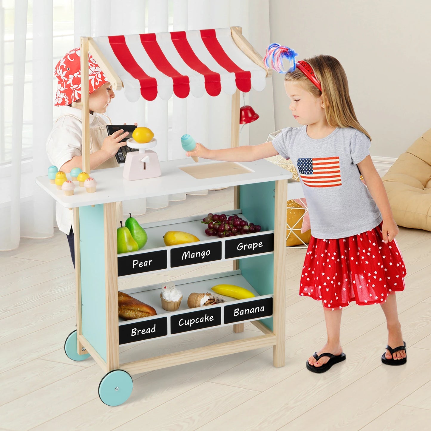 Kids Ice Cream Cart Wooden Market Stand W/ Chalkboard & Storage