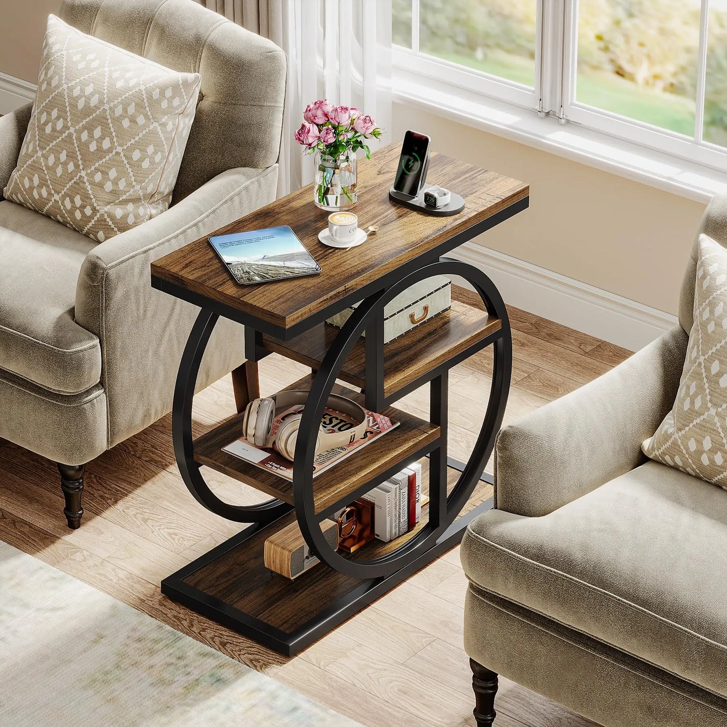 End Table for Living Room, with Storage Shelves
