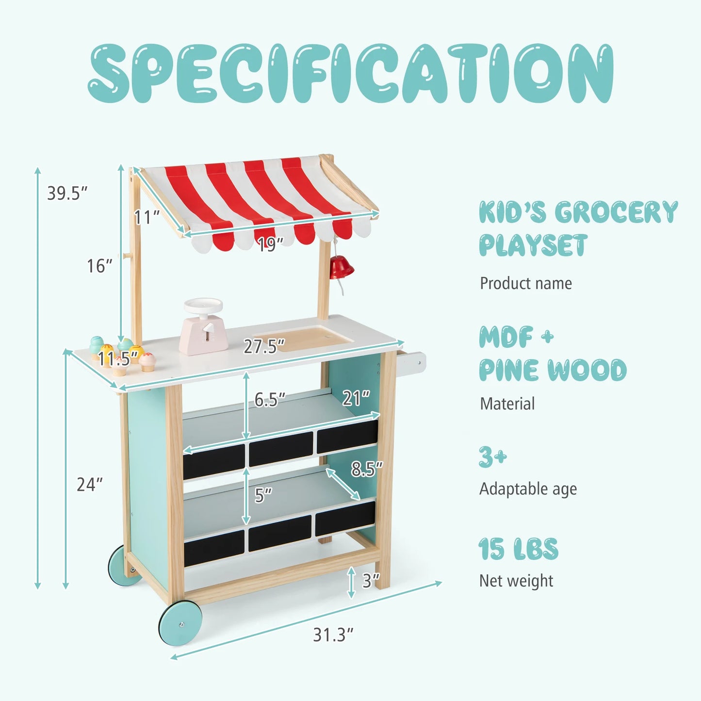 Kids Ice Cream Cart Wooden Market Stand W/ Chalkboard & Storage