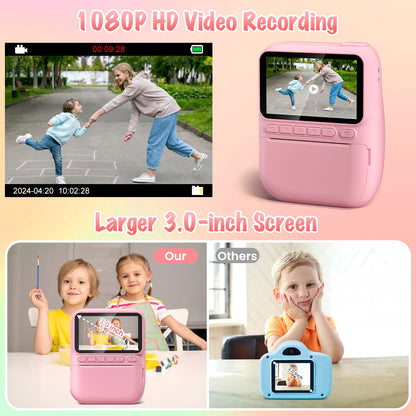 Instant Print Digital Camera for Kids, with 3 Rolls of Printer Paper