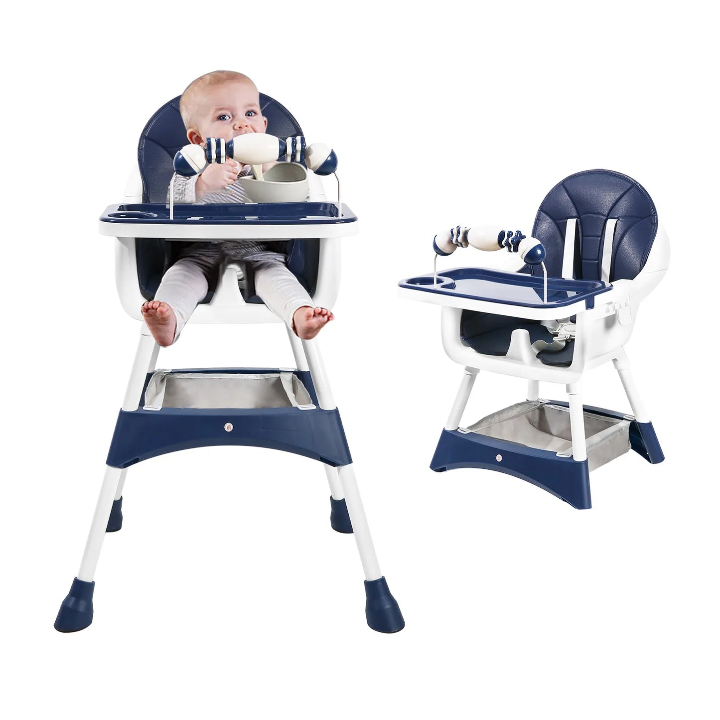 Portable Convertible High Chair with Double-Layer Dinner Plate and Toy Rack