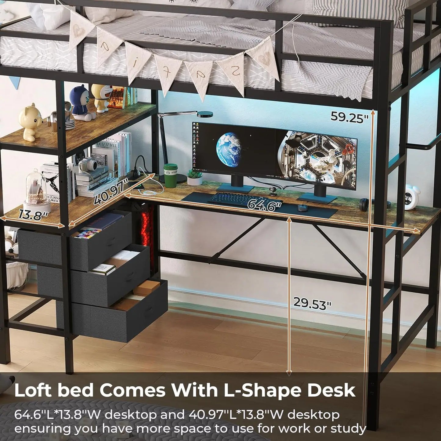 Metal Kids Loft Bed with L-Shaped Desk