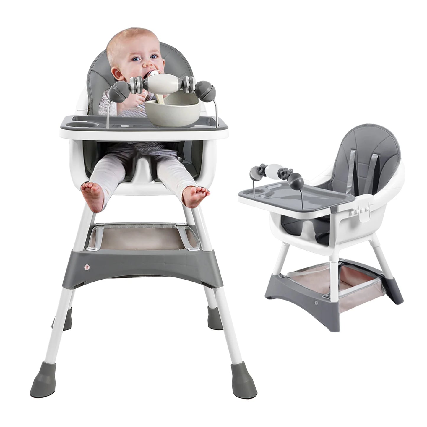 Portable Convertible High Chair with Double-Layer Dinner Plate and Toy Rack