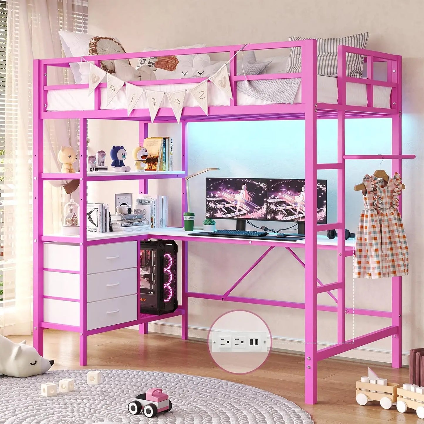 Metal Kids Loft Bed with L-Shaped Desk