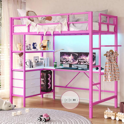 Metal Kids Loft Bed with L-Shaped Desk