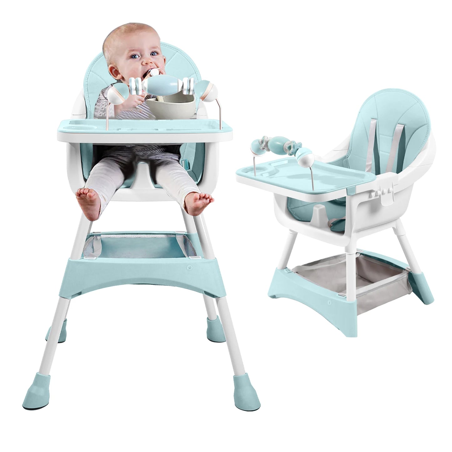 Portable Convertible High Chair with Double-Layer Dinner Plate and Toy Rack