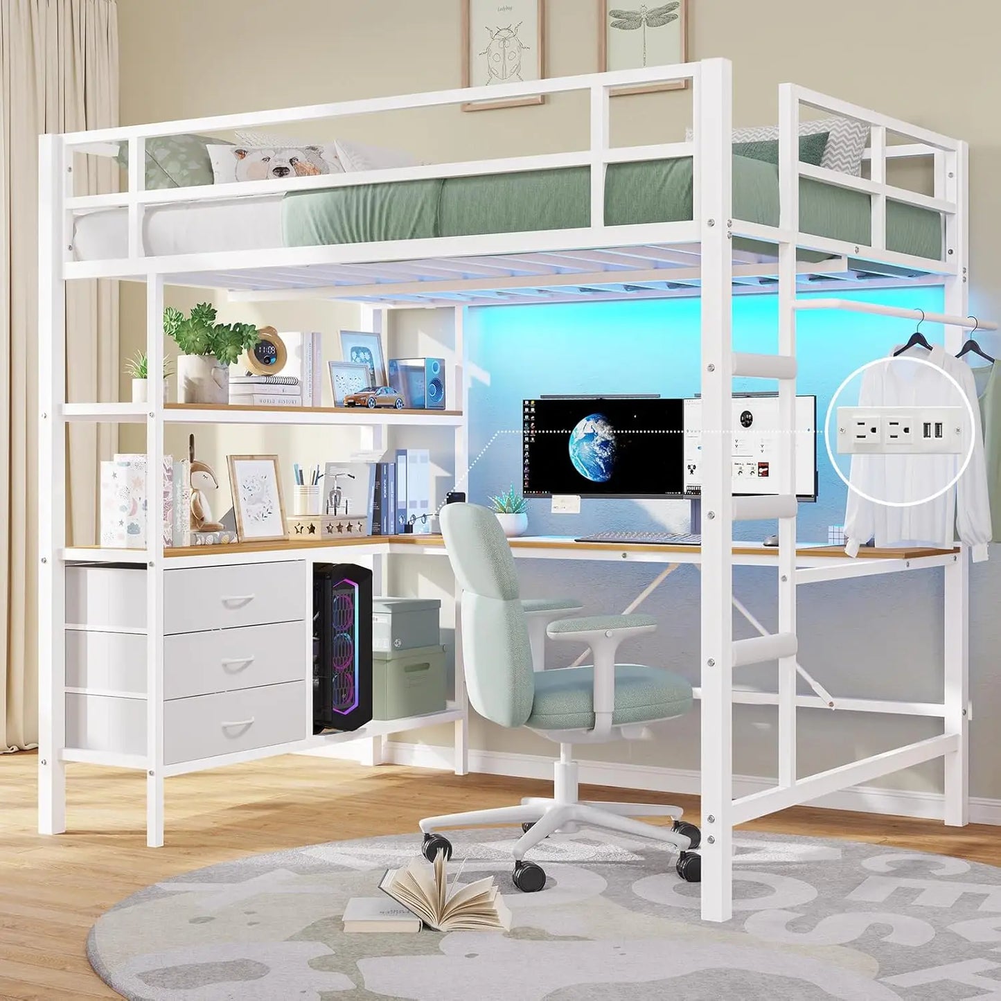 Metal Kids Loft Bed with L-Shaped Desk