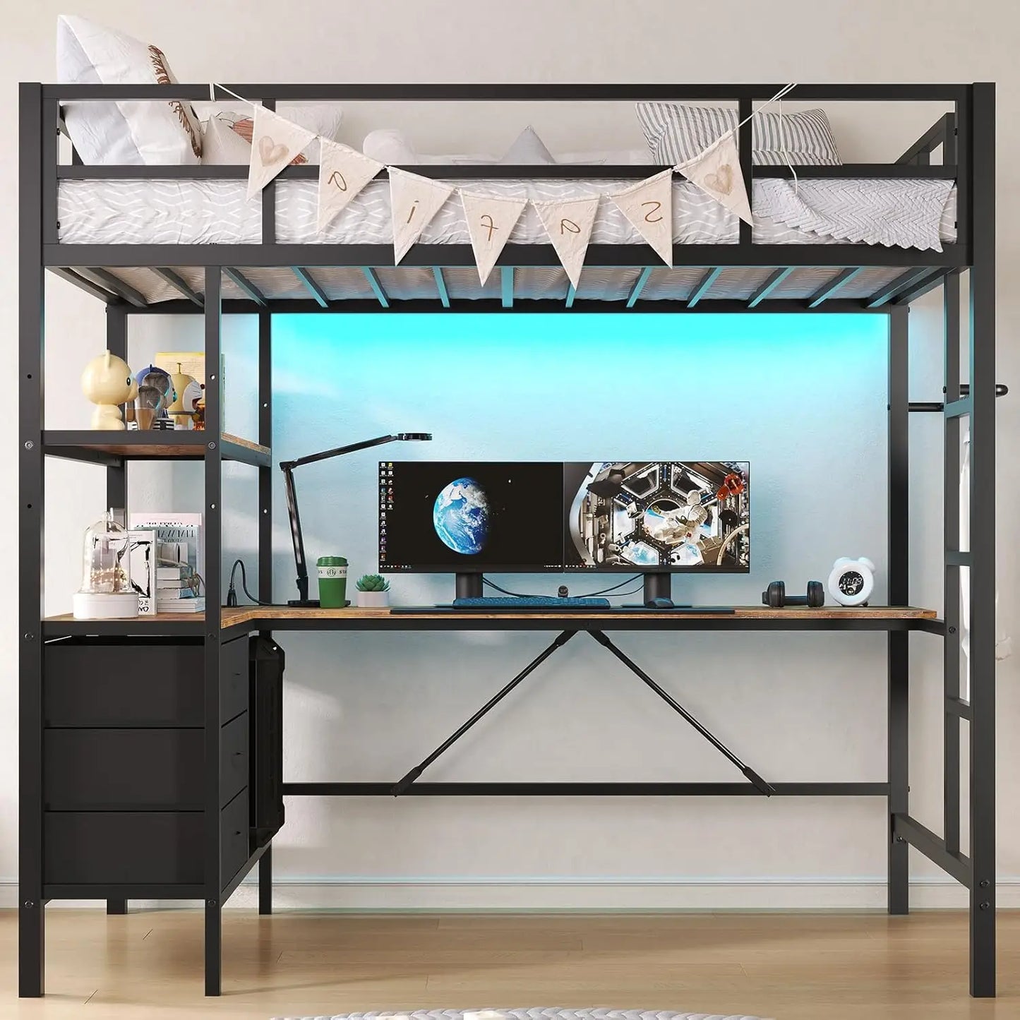 Metal Kids Loft Bed with L-Shaped Desk