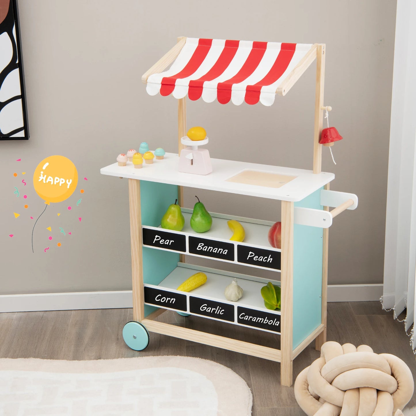 Kids Ice Cream Cart Wooden Market Stand W/ Chalkboard & Storage
