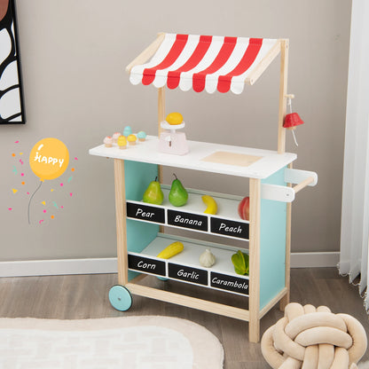 Kids Ice Cream Cart Wooden Market Stand W/ Chalkboard & Storage