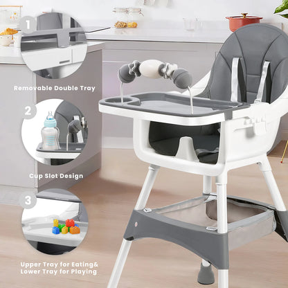 Portable Convertible High Chair with Double-Layer Dinner Plate and Toy Rack