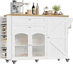 Rolling Kitchen Island on Wheels with Wood Drop Leaf Countertop